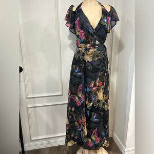 Boston Proper Neon Psychedelic Butterfly True Wrap Maxi Dress Cold Shoulder Sz 6